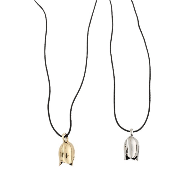 Silver Tulip Pendant with Drawstring Black Cord, Flower Bud Sweater Chain, Long, High-End, Elegant Decorative Necklace
