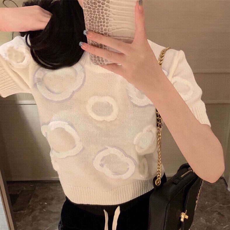 Chic Women Flocking Embroidery Knit Tee Elegant Crew Neck Short Sleeve Cropped Thin Breathable T Shirt Summer Vacation Party Designer Knit Top