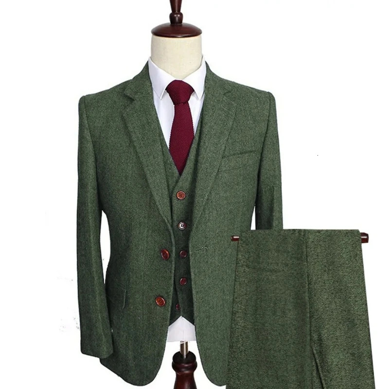 Men Suit 3 Pieces Army Green Tweed Formal Lapel Notch Regular Wedding Groom Banquet Work Tuxedos Set Jacket Vest With Pants 261019