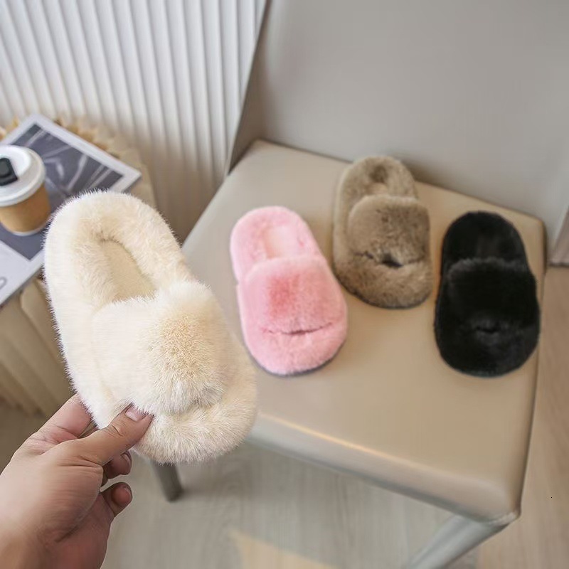 2026 Cross Border Kids One Band Plush Slippers Autumn Winter Warm Non Slip Indoor Cotton Shoes For Boys Girls Toddler Baby J261019
