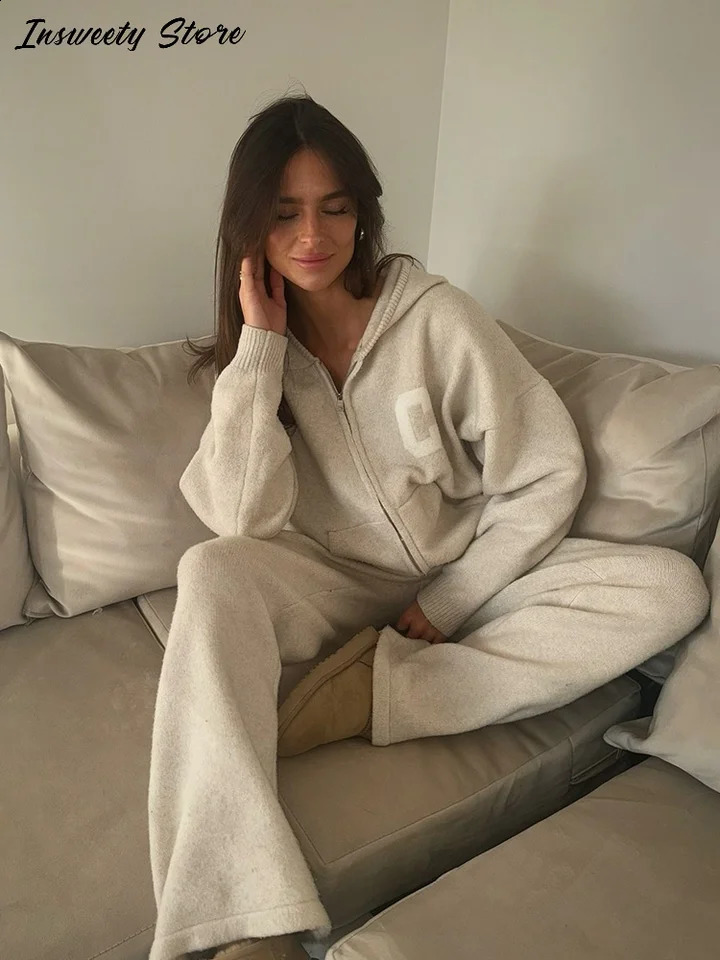 Fashion Letter Printed 2 Piece Sets Women's Loose Zipper Full Sleeve Hooded Cardigan Wide Leg Pants 2026 Autumn Lady Outfits 261015