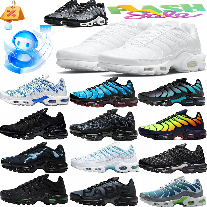 Designer Plus size Running shoes Men tn White Cushion Sneakers Wave Texture Retro Breathable Mesh Lining Casual Street Footwear Versatile Athletic D