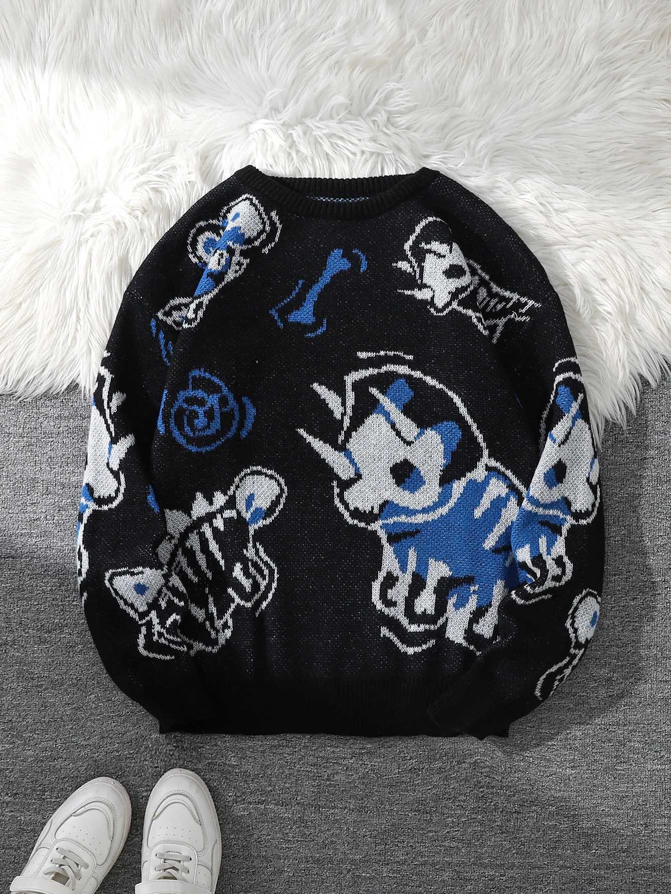 Trendy Autumn and Winter New Skeleton Pattern Pullover Sweater Casual Round Neck Color-Blocking Knit Men's Pullover M261016
