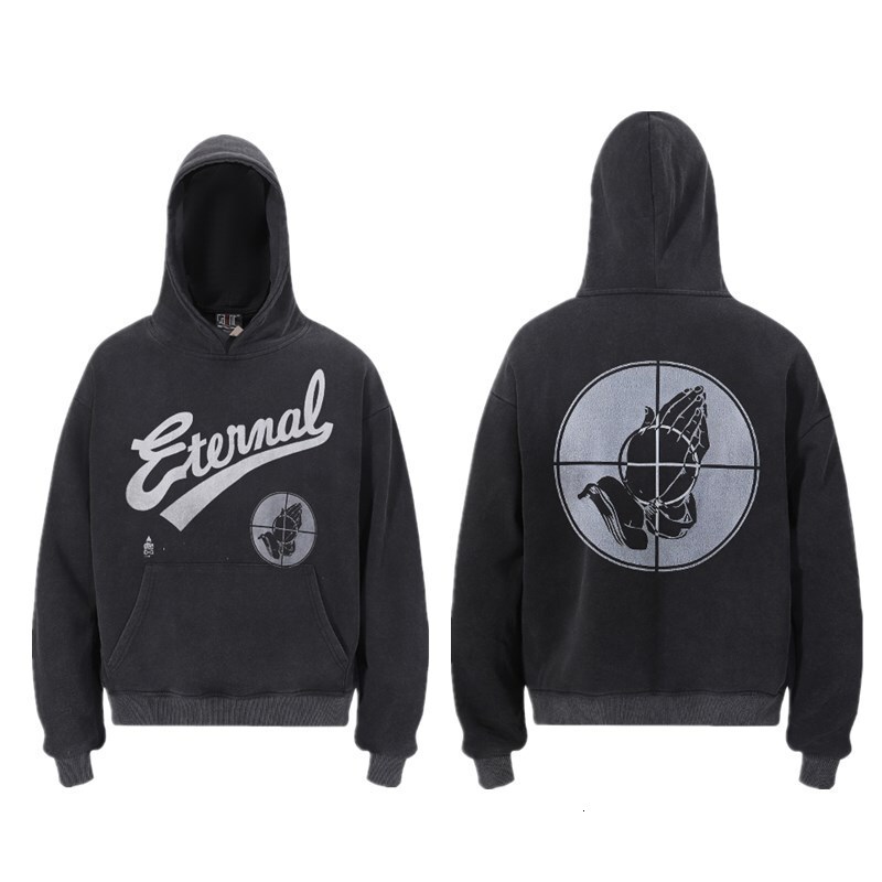 SAINT Hooded Sweatshirt Unisex Letter And Eyeball Pattern Printed Washed Distressed Cotton Fabric For Autumn Daily Wear Drawstring Hood 4d