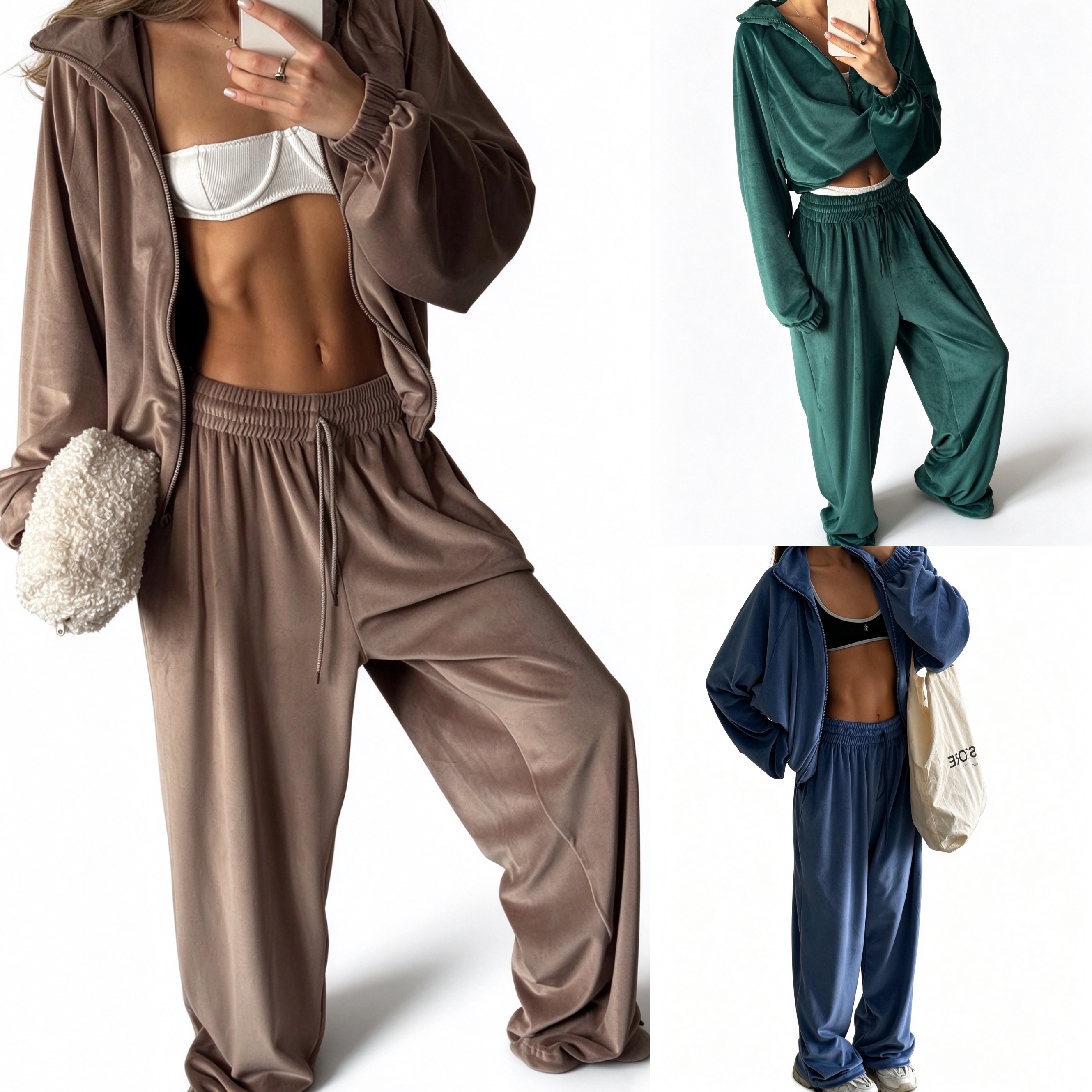 Designer Women Tracksuits 2 Piece Outfit Soft Velvet Zip Top Elastic Drawstring Trousers Loose Fit Casual Loungewear Sports Pant Suit
