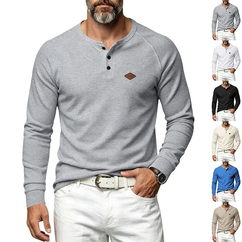 Niche foreign trade autumn/winter solid color waffle knit T-shirt, casual retro style, men's raglan sleeve long-sleeve Henley shirt