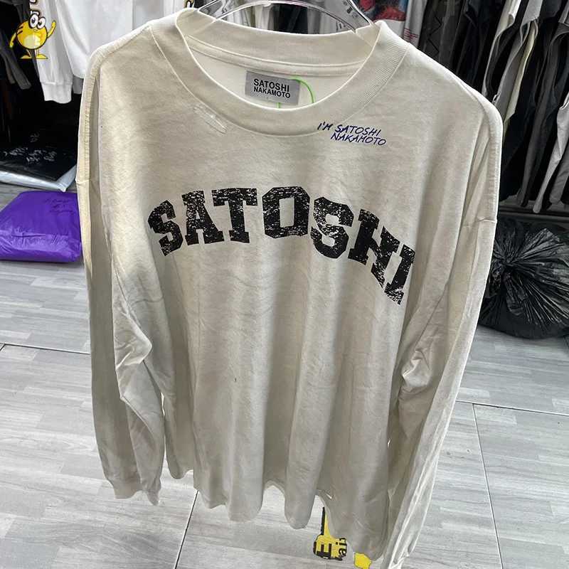Oversized Streetwear Satoshi Nakamoto Long Sleeve Men Woman Washed Damaged Hole Old Casual Retro Top Simple Letter T261019
