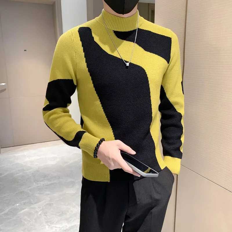 Turtleneck 2023 Half Autumn/Winter Colored Sweater Men Long Slve Slim Fit Casual Pullover Social Underlying Knitwear Tops M261016