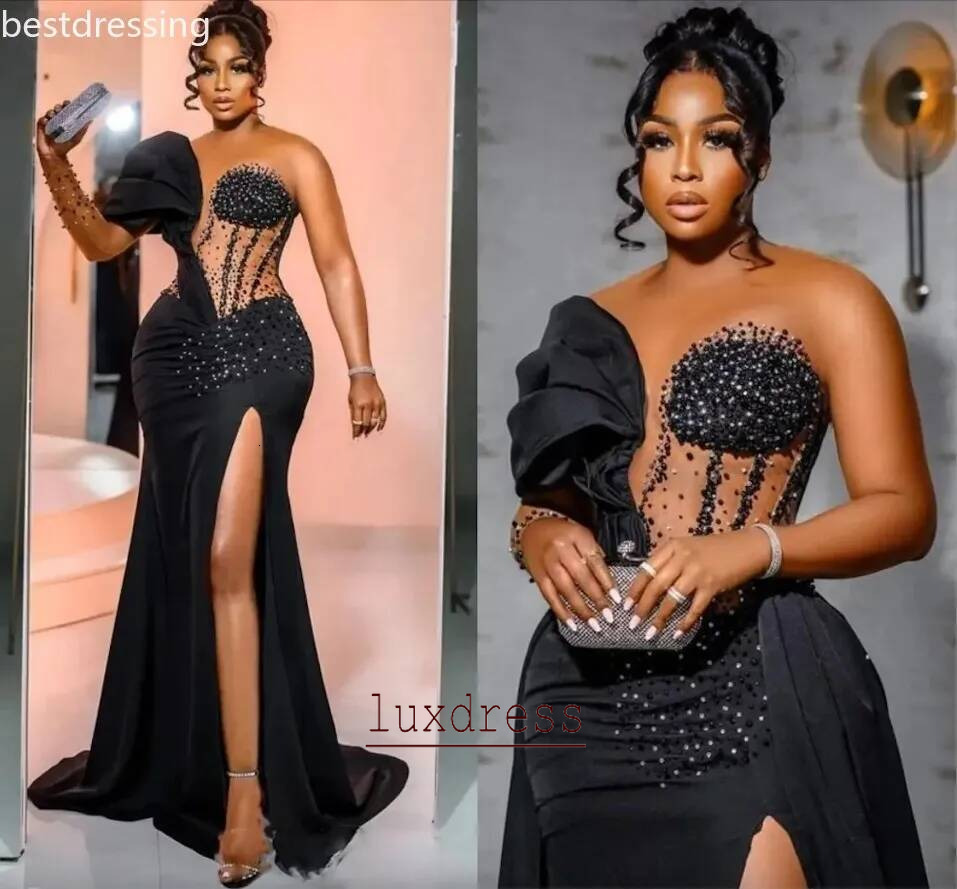 Arabic Aso Ebi Black Mermaid Prom Dresses Overskirts Satin Sheer Neck Lace Beaded Ocn Evening Gowns Sexy Side Slit Ruched Second Reception Dress Cus