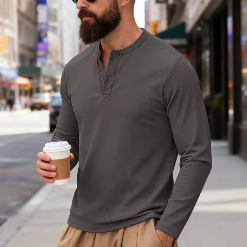Men Waffle Knit Henley Long Sleeve TShirt Half Button Solid Color Casual Pullover Tops Male Daily Basic Tees for Spring Autumn 261013