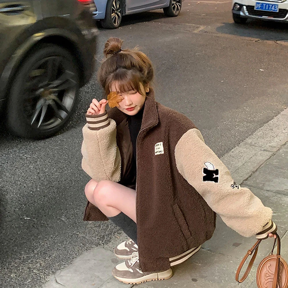 Women Red Brown Korean Fashion Winter Coat Vintage Baseball Jackets Y2k Sweatshirts Bomber Jacket Hip Hop Streetwear Outerwear 261015