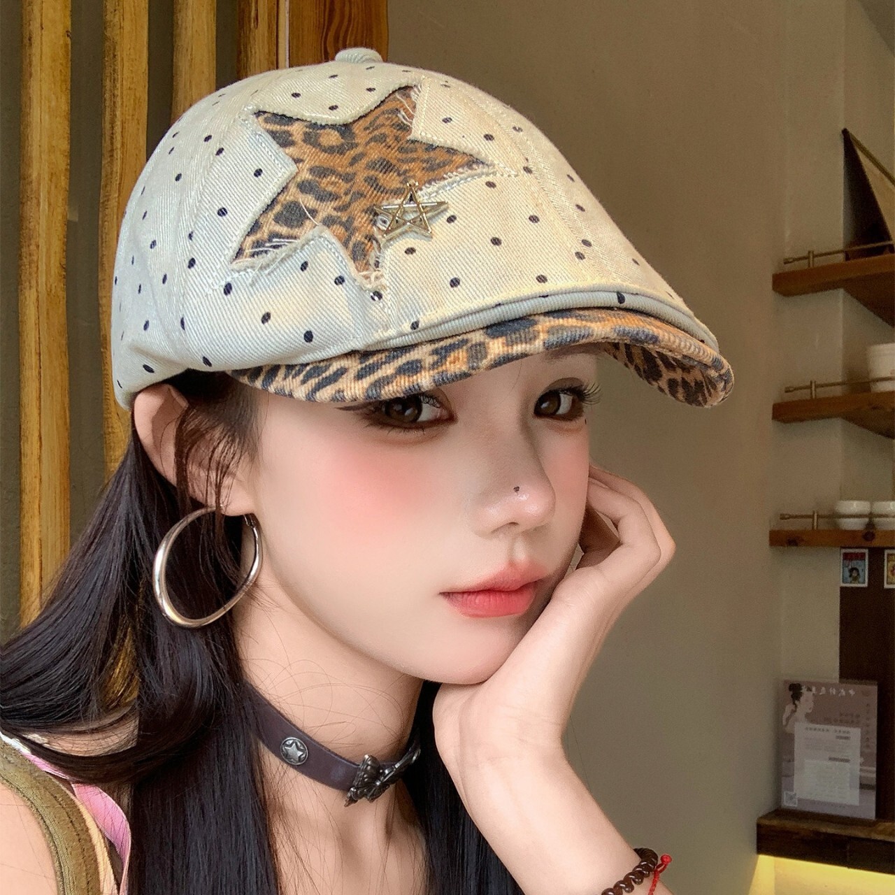Luxury Cap Brand Designer Hat American Retro Leopard Print Polka Dot Star Patch For Women, 2026 New Fashion, Face-Slimming Beret