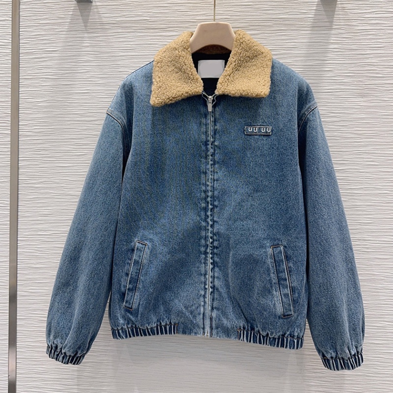 Designer Women Fleece Denim Coat Letter Embroidered Long Sleeve Zip Up Bomber Jacket Winter Oversized Jean Coats Streetwear