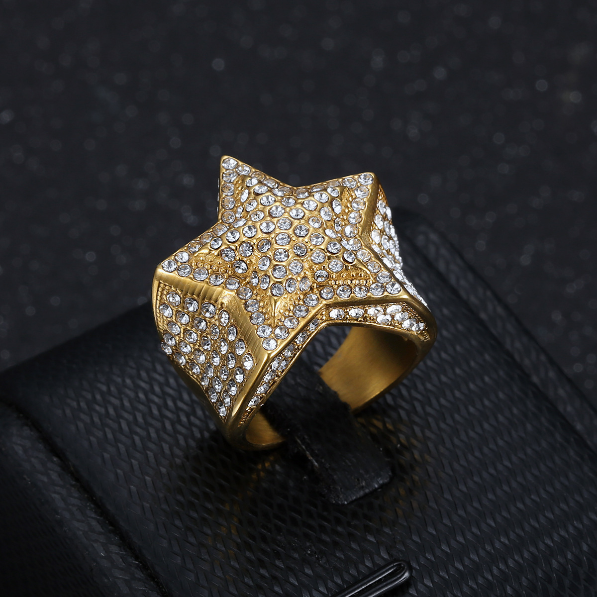 European and American New Hip-Hop Trendy Fashion Light Luxury Personality Bold Titanium Steel Inlaid Diamond Pentagram Ring