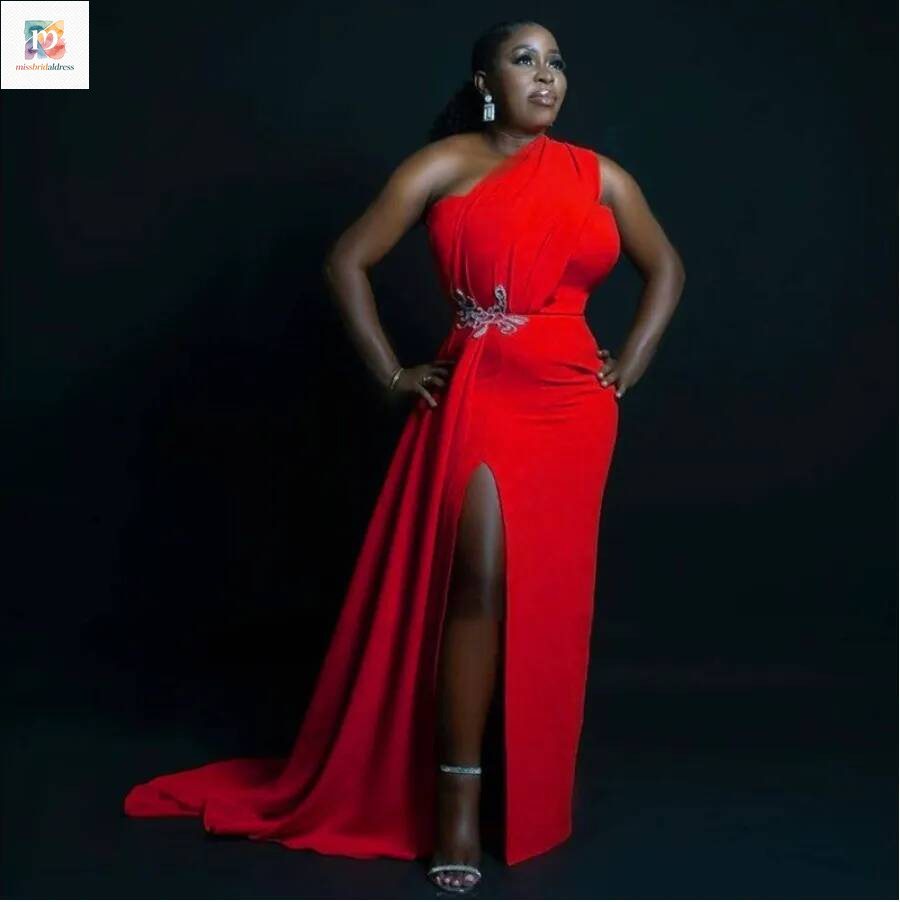 Red Long South African Evening Dresses One Shoulder Side Slit Appliques Satin Black Women Party Dress Plus Size Formal Prom Gowns Mb019