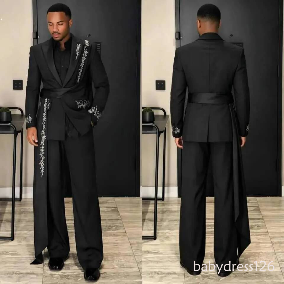 Black Man Tuxedos With Cap 2 Pieces Classic Fit Crystal Groom Trousers Suits Male Wedding Birthday Party Guest Wear Customized