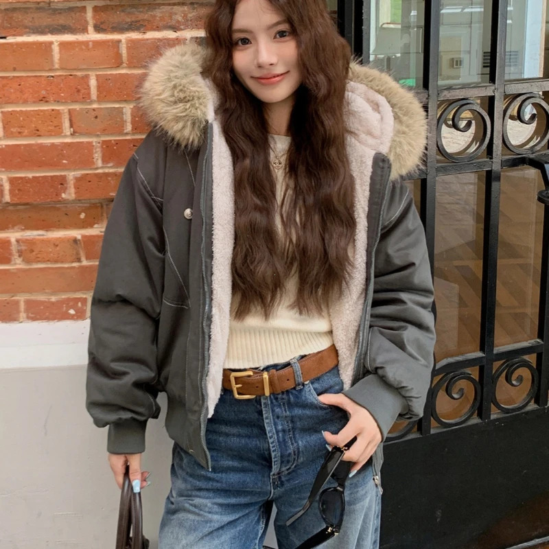 Fur Collar Hooded Parkas Y2k Harajuku Thicken Padded Jackets Casual Zipper Gothic Women Men Winter Coats Streetwear 261019