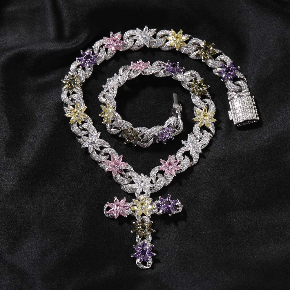 VVS GRA 10K 14K 18K S925 American Fashion Colorful Ice Cross Necklace for Men and Women High-end Zircon Flower Design Infinite Chain Jewelry