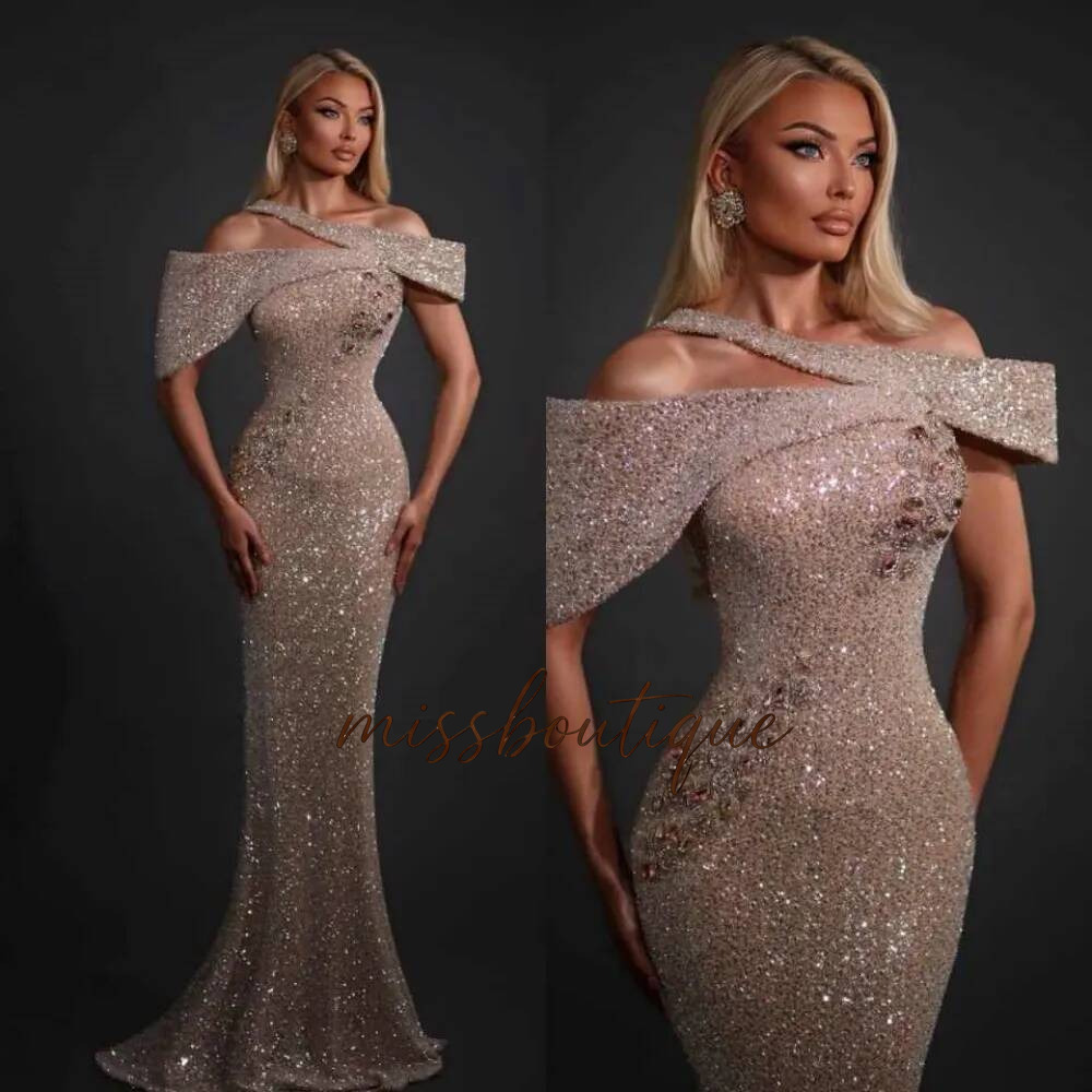 Customized Elegant Mermaid Evening Off Shoulder Strapless Sequins Rhinestone Prom Gowns Woman Formal Cocktail Dress Q017