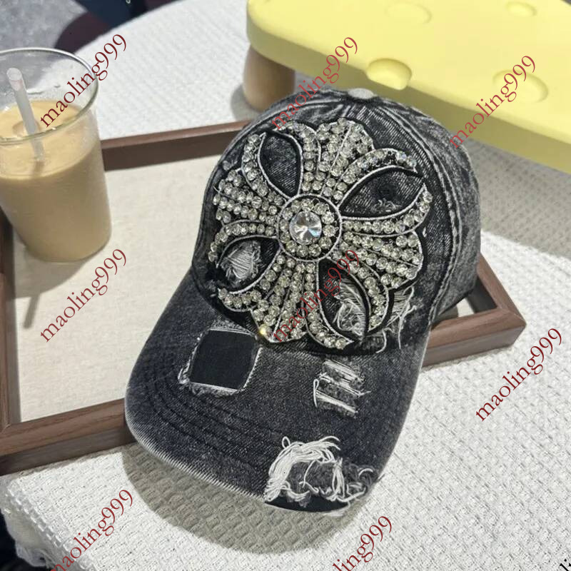 Designer Cap Vintage Washed Distressed Denim Rhinestone Cross Flower Baseball For Men Women Adjustable Sun Hat Daily Travel Outdoor Accessories