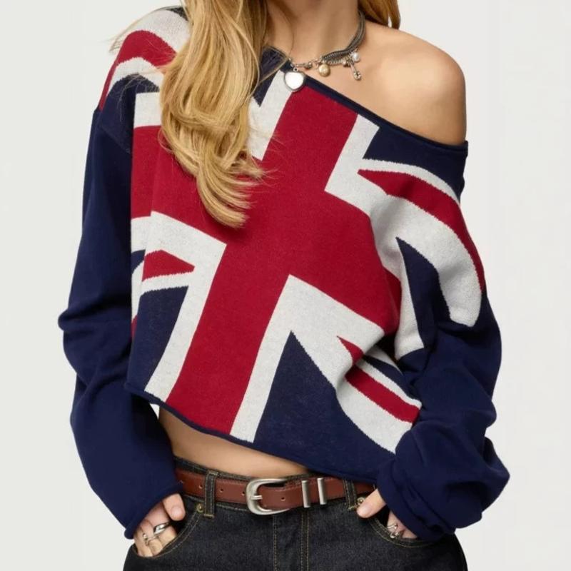 Designer Women's Off-the-Shoulder Flag Print Sweater, One-Shoulder Cropped Knit Pullover, Long-Sleeve Loose Sexy Street-Style Blue Top