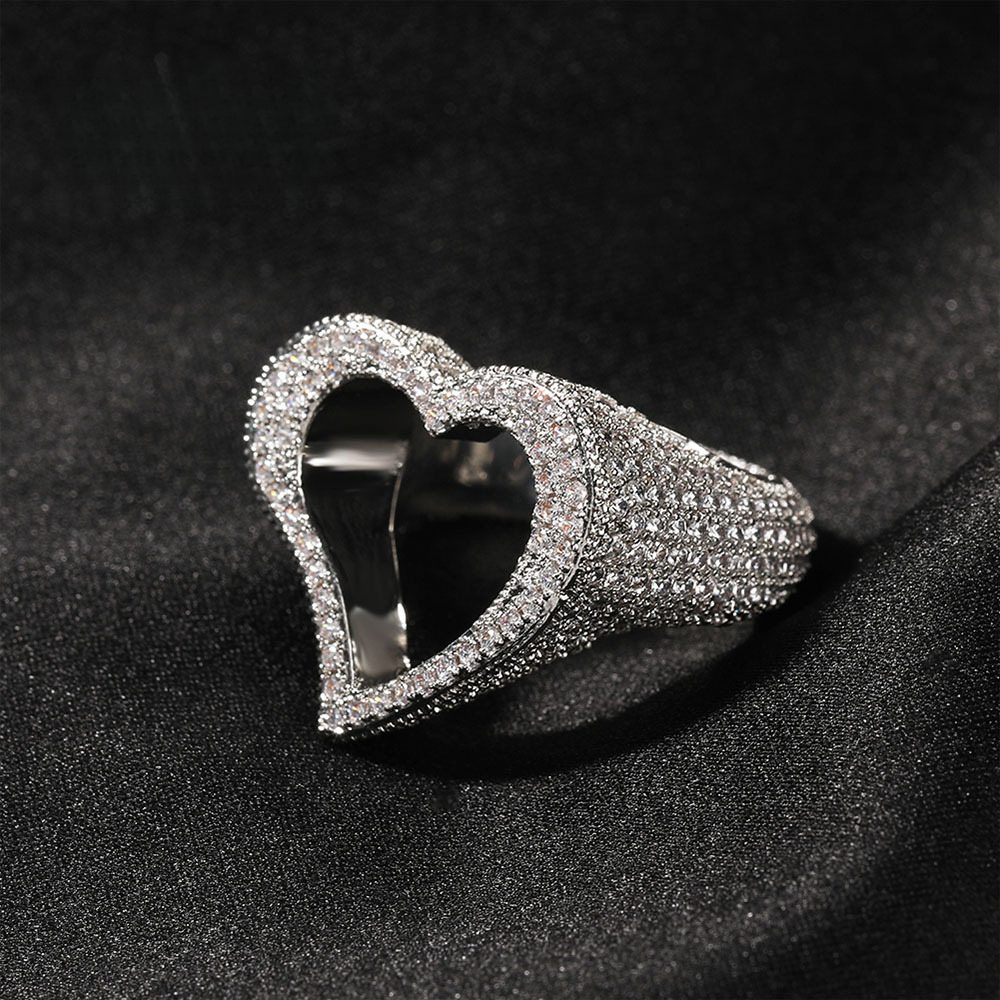 New Style Hollow Luxury Iced Out D VVS Diamond Heart moissanite Personality Ins Internet Celebrity Fashion Sense Ring Luxury Iced