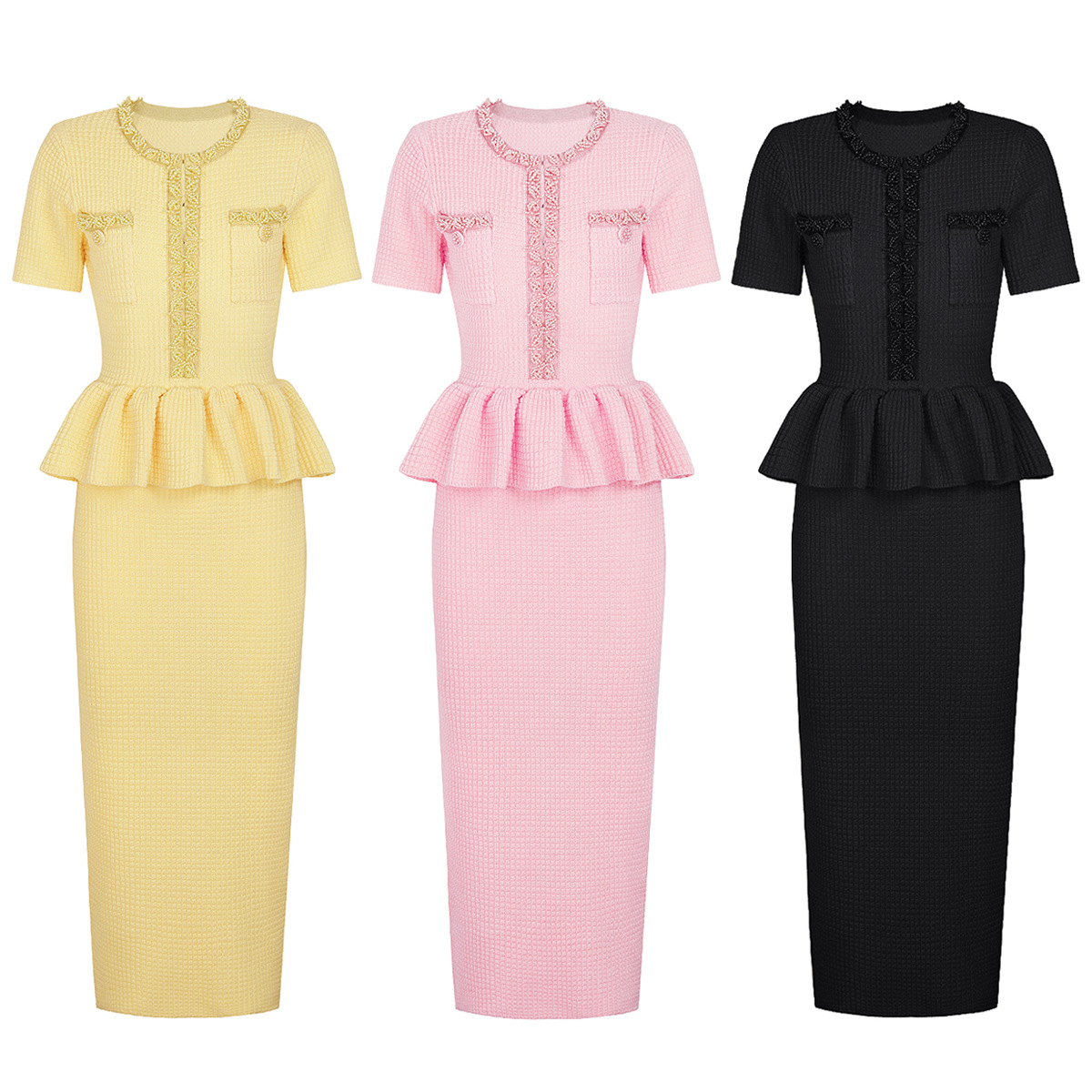 High Quality Spring And Autumn New Fashionable Elastic Knitted Heavy Nail Bead Slim Fit Round Neck Short Sleeved Women's Dress