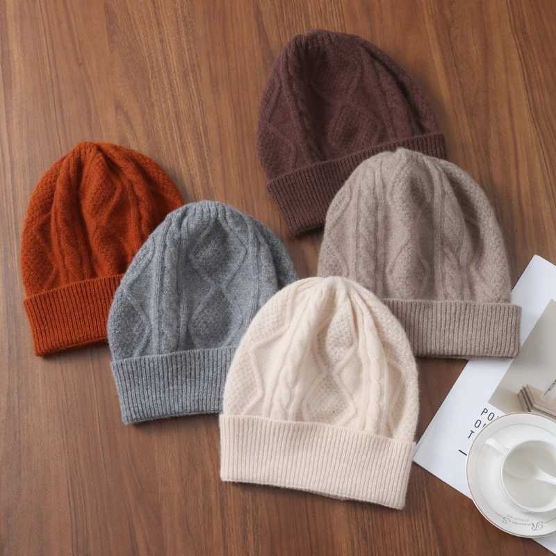 Beanie/Skull Caps Women 100% Merino Wool Winter's Knitted Hat Men Rhombus Pattern Solid Warm Soft Wollen Beanies Y2K Hiphop Street Bonnet Skull