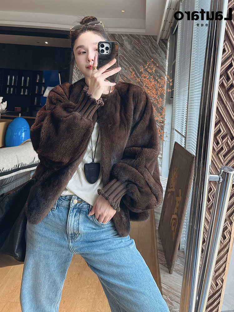 Autumn Lautaro Winter Brown Thick Warm Soft Mink Fur Coat Women Lantern Elegant Chic Fluffy Jacket 2026 S26101645GZ