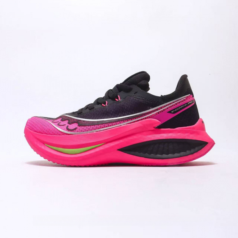 Saucony Designer Shoes Black Fuchsia Thick Foam Running Shoes Rocker Midsole Trainers With Mesh Upper Neon Pink Sole Sport Sneakers For Women Men Eu