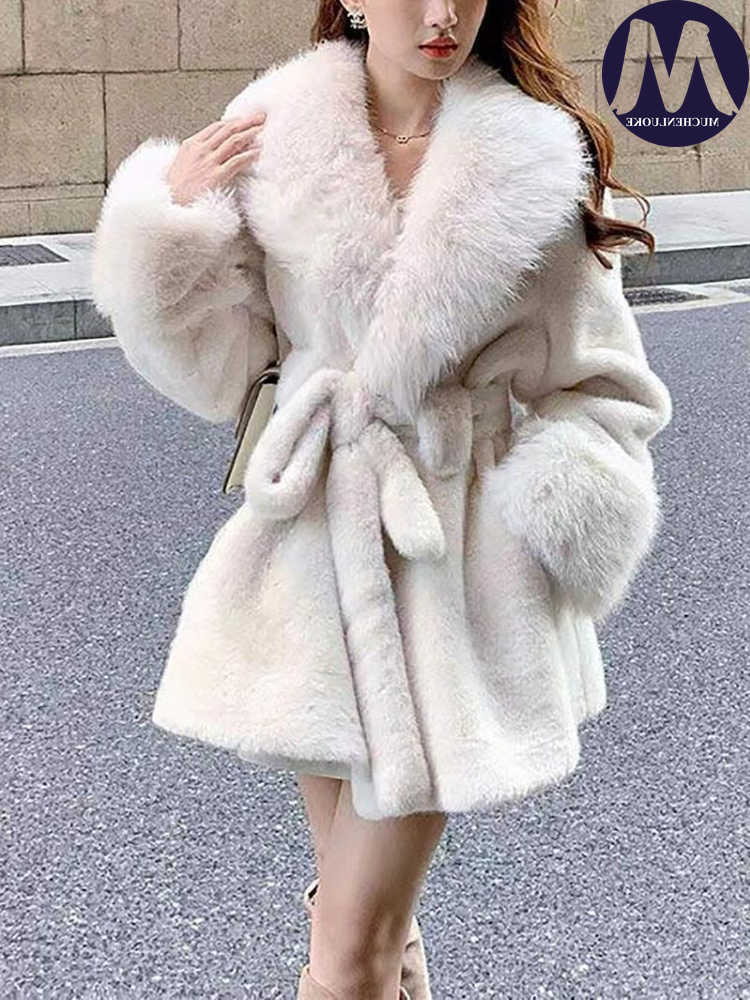Winter Women's Fur Jacket Elegant Big Collar Lace-Up Thick Casual Loose Warm Coat S2610160PE2