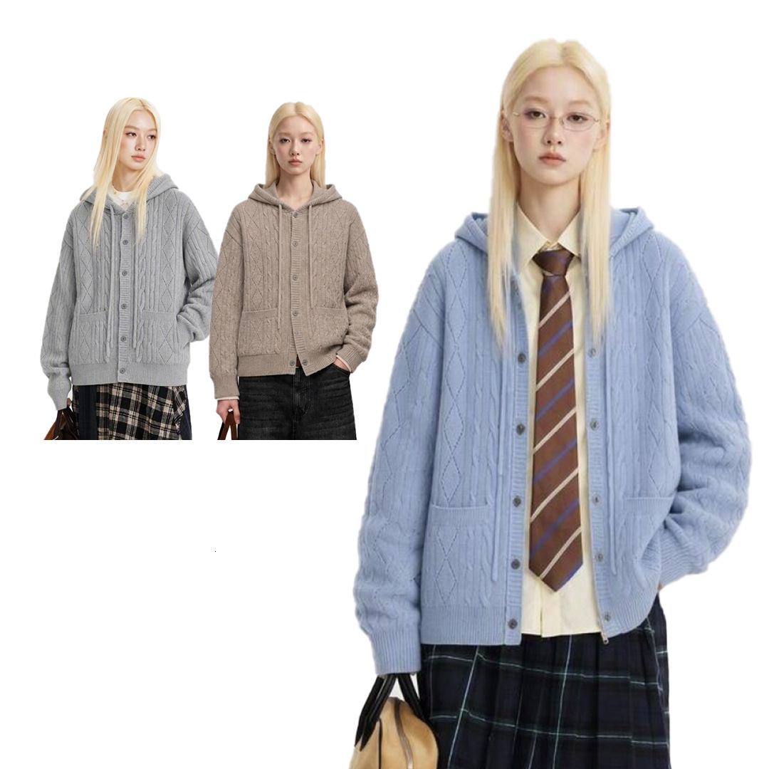 CATTEIUS Retro Simple And Relaxed Style Hooded Cardigan Sweater For Women, Featuring A Loosefitting Knit Design