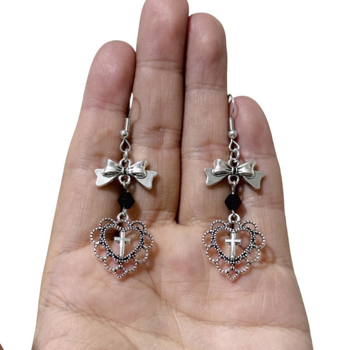 Luxury Brand Designer Jewelry Original Design, Gothic-Style Retro Heart-Shaped Cross And Bow Pendant Earrings, Direct From The Manufacturer Luxury D
