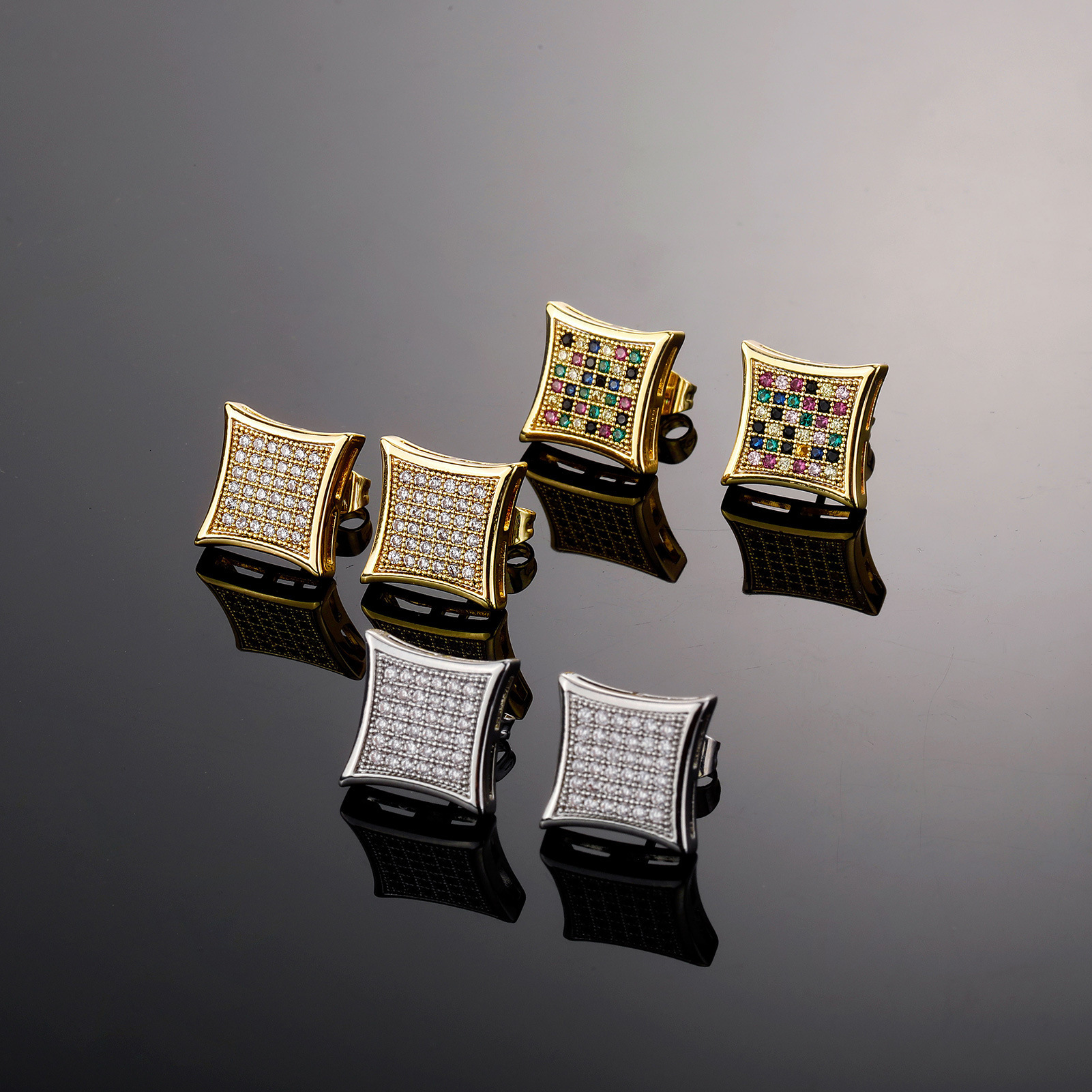 Real 18K 14K 10K full-diamond Out D VVS Diamond geometric square European American fashion 925 silver needle men's stylish earrings, trendy and