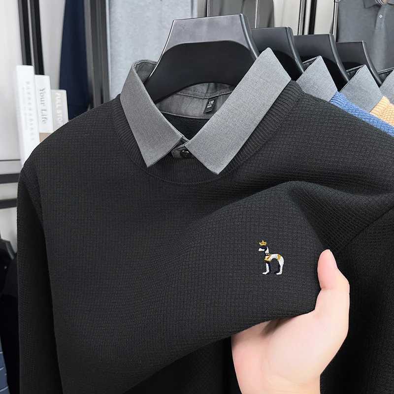 Sweater High End Winter Men's New Velvet Thicken Warm Shirt Collar Fashion Brand Cartoon Dog Embroidery Casual Knitted Pullover M261016