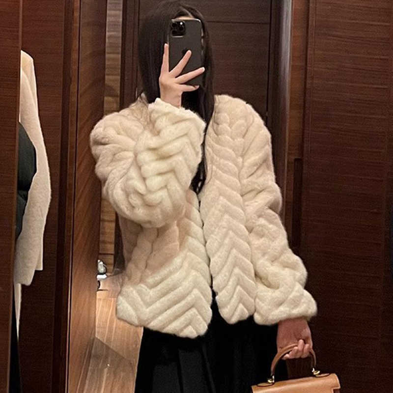 V Elegant Neck Herringbone Short Mink Fur Jacket Women Long Slve Plush Jackets Autumn Winter Fluffy Warm Outerwear S2610165M8P