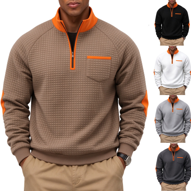 autumn winter clothing: men's half-zip, stand-up collar, long-sleeved sweatshirt, casual and work-appropriate, solid color, pullover style