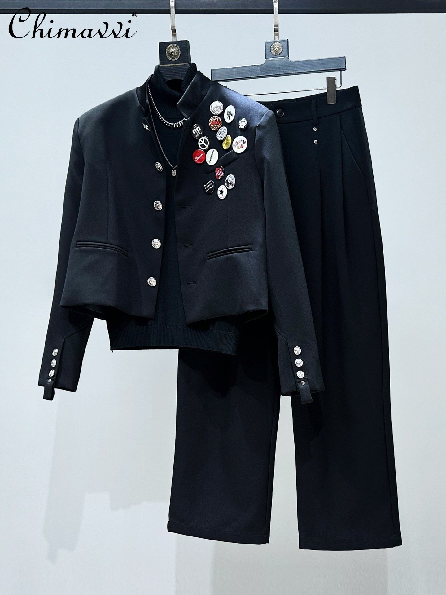 Original Korean Style Fashion Heavy Industry Men Coat Sets Stand Collar Short Blazer Jacket Straight Pants Men's Set Spring Mdng261019
