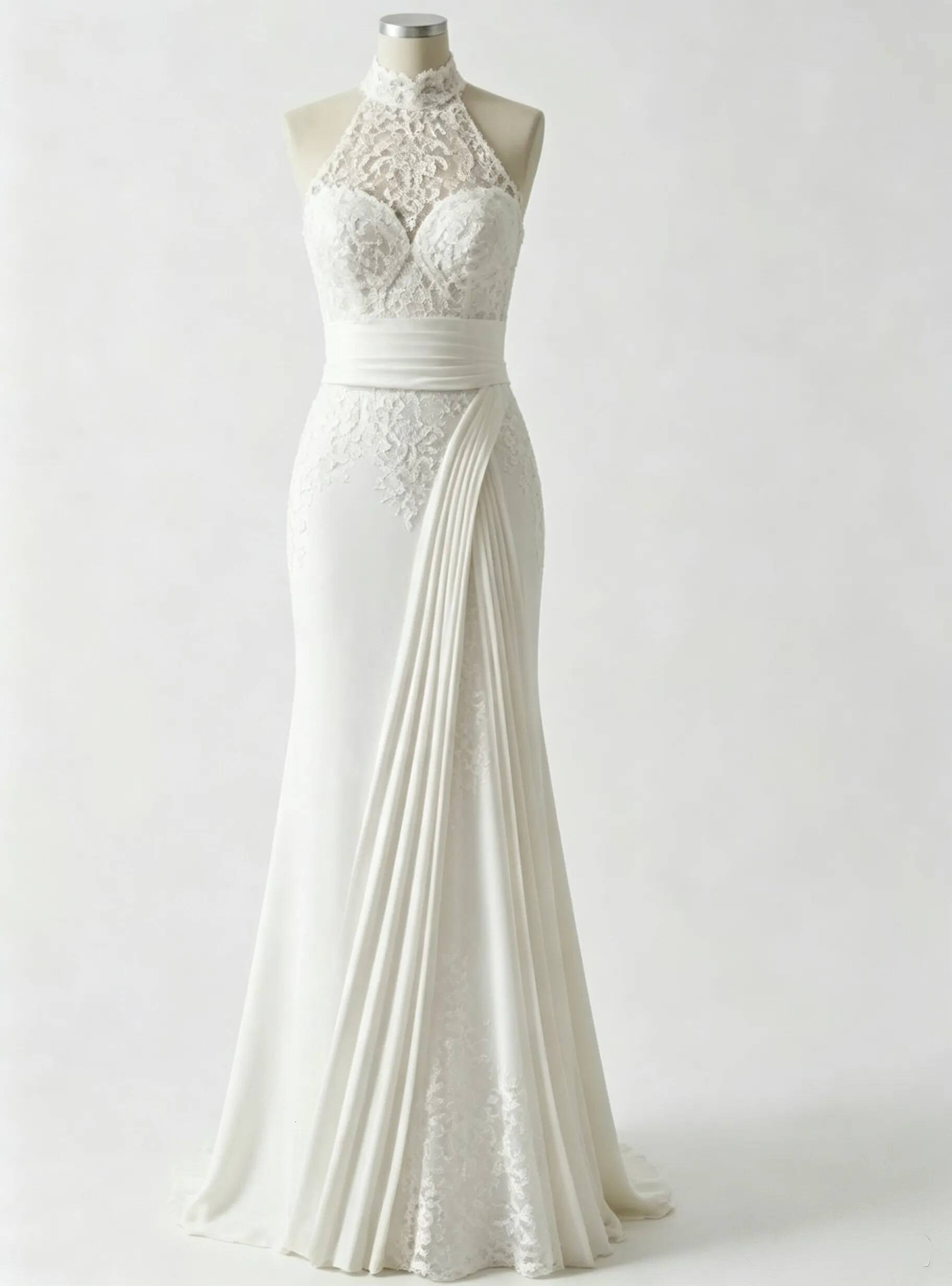 Elegant Lace Satin Mermaid Dresses High Neck Pleats Long Bride Wedding Gowns With Button Covered Back Robe de mariage