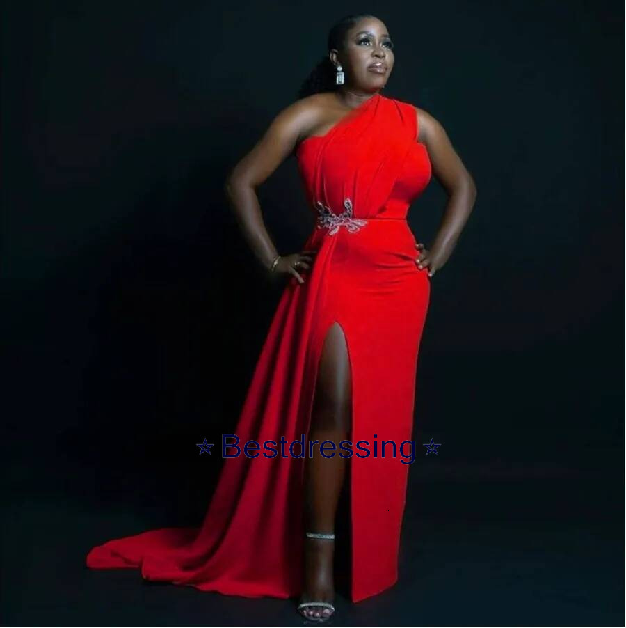 Red Long South African Evening Dresses One Shoulder Side Slit Appliques Satin Black Women Party Dress Plus Size Formal Prom Gowns Bd019