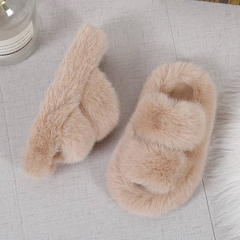 Girls Winter Fur Classic Simple Plush Slippers Children Fashion Non-slip Open-toe Kids Causal Cotton Shoes Versatile J261019