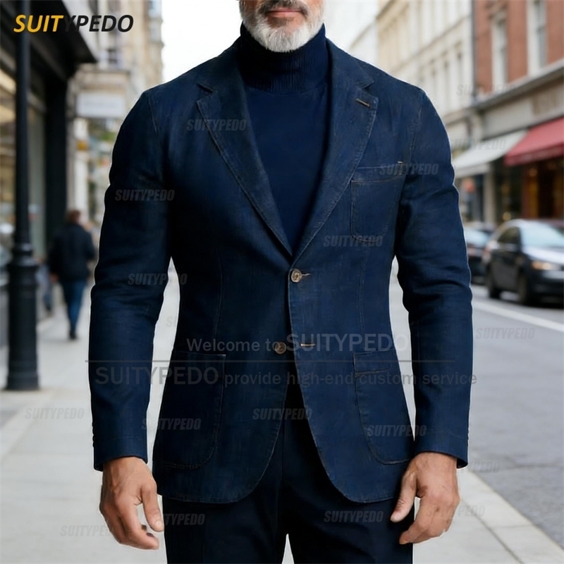 Brief Smart Casual Denim Men's Suits Sets Elegant Notch Lapel Single Breasted Party Prom Blazer One Piecs For Formal Evening y260929