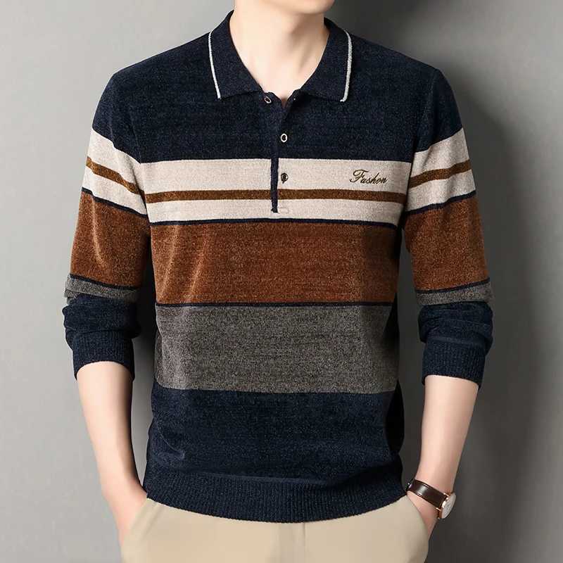 Lapel Sweater Fashion Striped Men's Knitted Pullovers Autumn Winter Flce Lined Knitwear Thickened Jumpers New M261016
