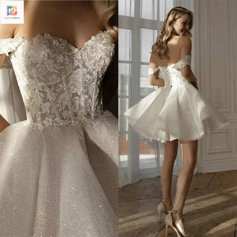 2026 Glitter Short Wedding Dresses Sweetheart Lace Appliques Sequins Mini Bridal Formal Party Gowns Bride Dress Vestidos De Noiva Mb019