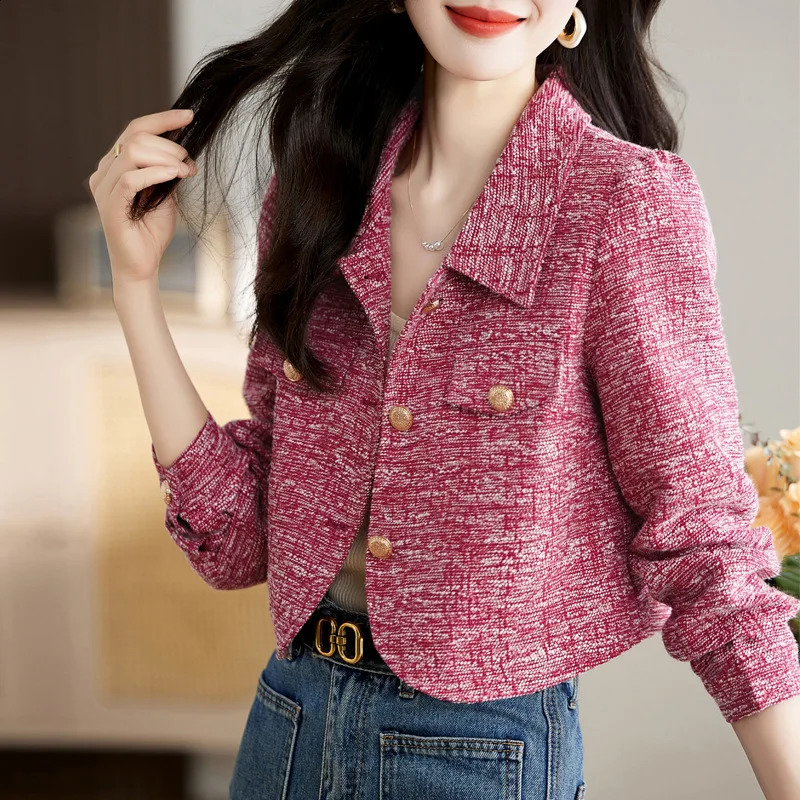 Ladies' Small Floral-style Short Jacket 2026 Style Wine Red Tweed Top Double-row Gold Buckle Elegant Socialite Jacket 261014