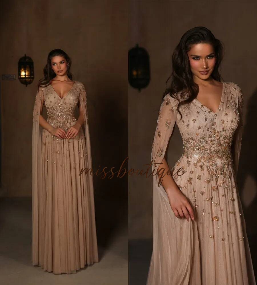 Elegant A Line Evening Dresses Beaded Rhinestones Floor Length Dress Cape Sleeves Formal Women Party Gowns Customized Q017