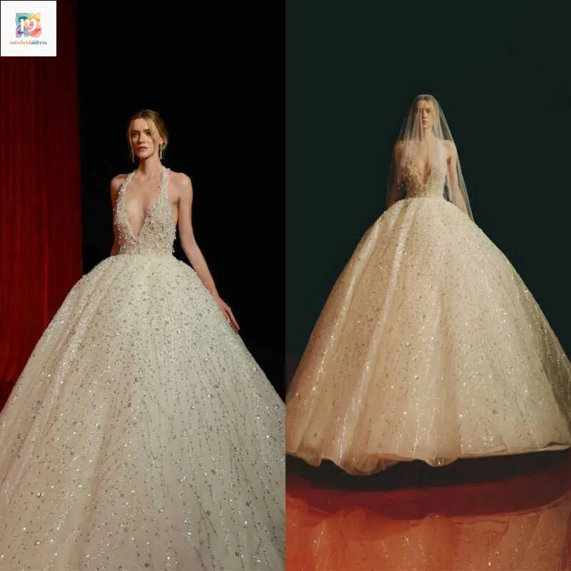 Gorgeous Wedding Ball Gowns With Veil Halter Sequins Beaded Bride Dresses Custom Made Floor Length For Formal Bridal Wearing Mb017