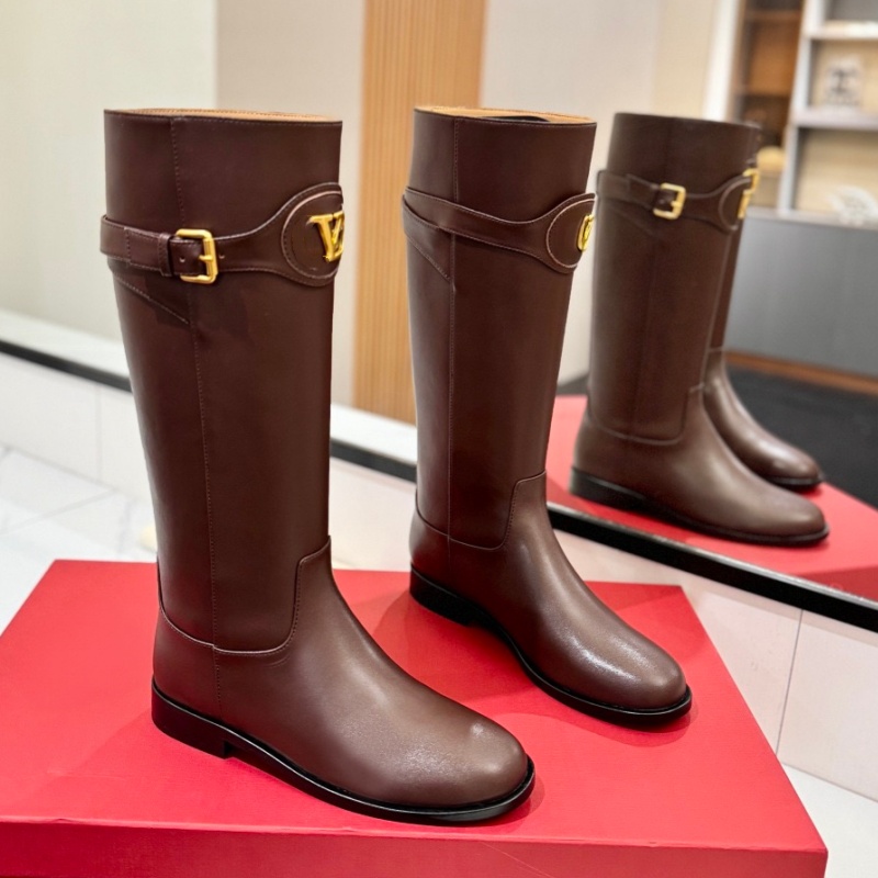 Designer Knight Boots Genuine Calfskin Women's Boots Top Quality Real Leather Sole Knee-High Boots with metal buckle closure Black flat Fashion