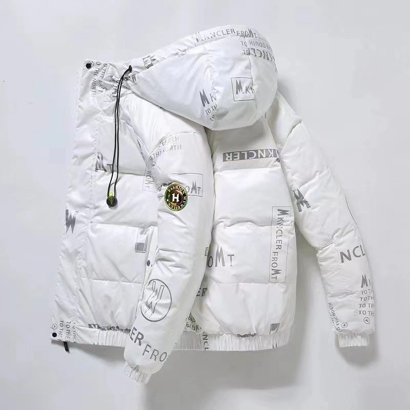 Men Winter Thickened Cotton Down Padded Coat Waterproof Letter Print Hooded Fashion Jacket Couple Puffer Jacket, Trendy Youth Jacket