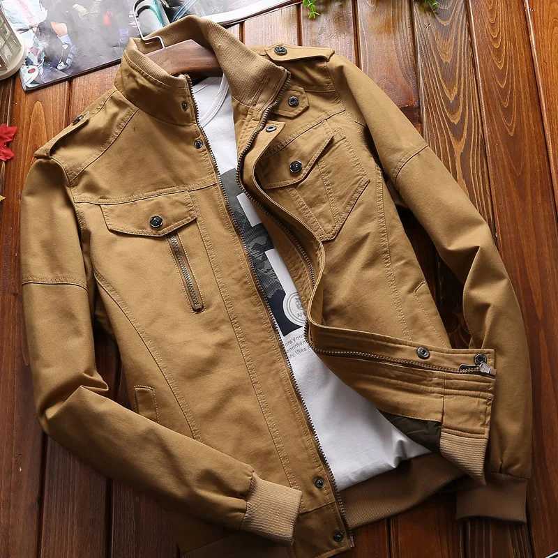 Men's Workwear-style Khaki Long-sleeve Cotton Jacket Black Stand-up Collar Casual Coat and Olive Green Lightweight Top. T261019